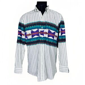 VTG 80s 90s Roper Button Shirt Mens SM B&W Stripe Bright Aztec Southwest Cowboy